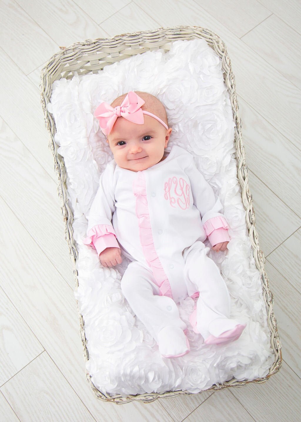 Baby girl coming home outfit, monogrammed footie, ruffle footie white…