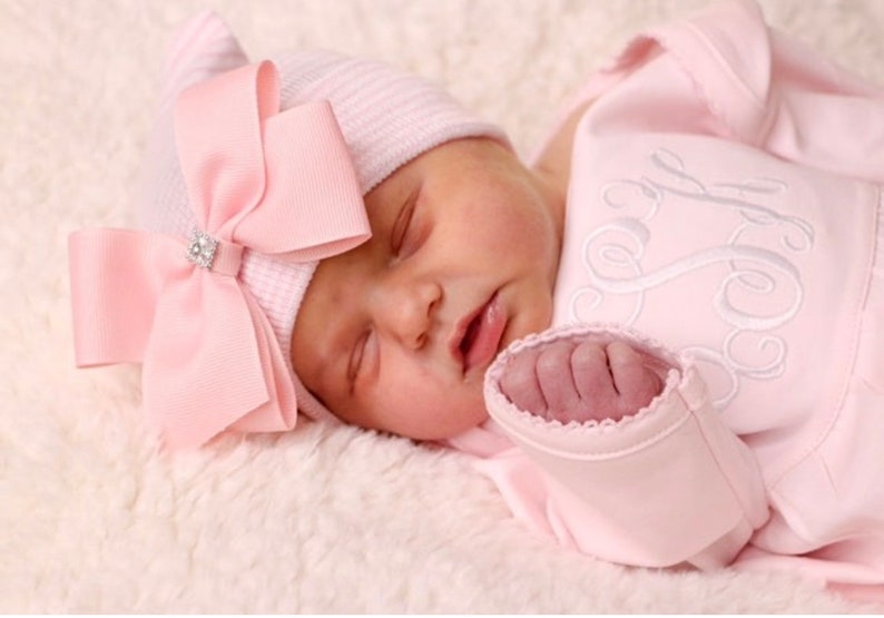 Baby girl coming home outfit, Monogrammed gown, Personalized Baby gift, Monogrammed sleeper, pima cotton, newborn pictures, shower gift Gown & Bow Cap