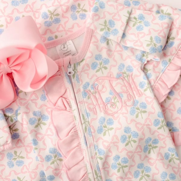 baby girl coming home outfit, grand millennial monogrammed coming home outfit, sk creations, zip footie, ruffle outfit, floral LP
