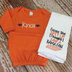 Personalized football gown, boy or girl coming home outfit, Tennessee vols, orange and white