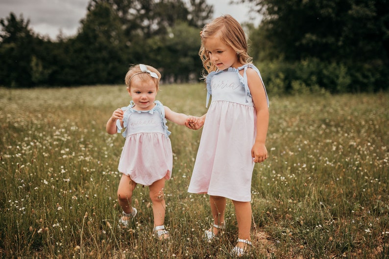 Girls dress, monogrammed summer outfit, beach photos, matching sibling set, personalized dress, pima cotton, sk creations, Yellow and Pink image 2