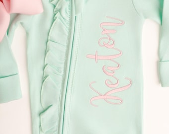 baby girl coming home outfit, monogrammed coming home outfit, sk creations, zip footie, ruffle outfit,