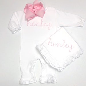 Baby girl coming home outfit, monogrammed ruffle romper, pima cotton, sk creations, Preemie, Newborn image 6