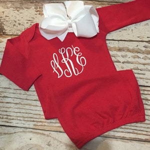 Baby girl Christmas outfit, Monogrammed Christmas gown with headband, newborn red and white outfit, baby Christmas pajamas