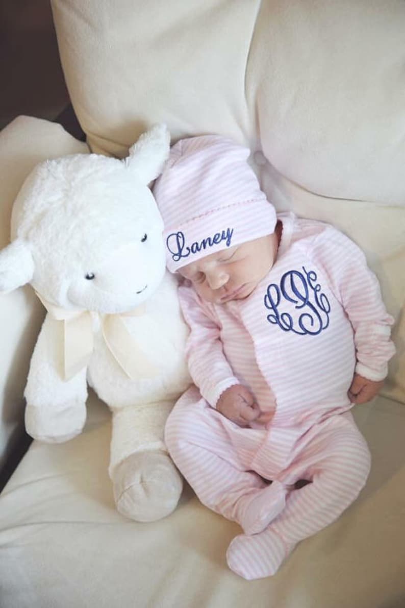 Baby girl coming home outfit, Monogrammed footie, Personalized Baby gift, Monogrammed sleeper, pima cotton, newborn pictures, pink stripes image 3