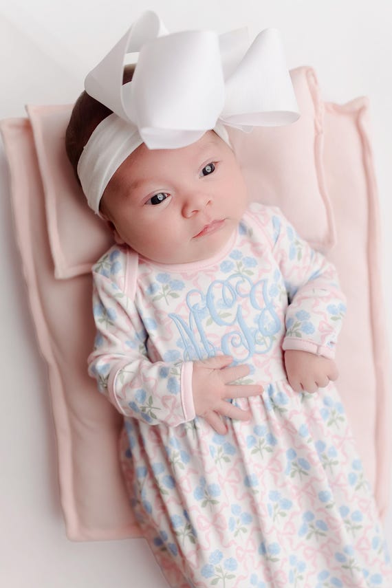 baby girl coming home outfit, grand millennial monogrammed coming home outfit, sk creations, baby gown, floral LP