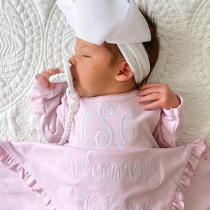 Baby girl coming home outfit, Monogrammed gown, Personalized Baby gift, Monogrammed sleeper, pima cotton, newborn pictures, shower gift image 2