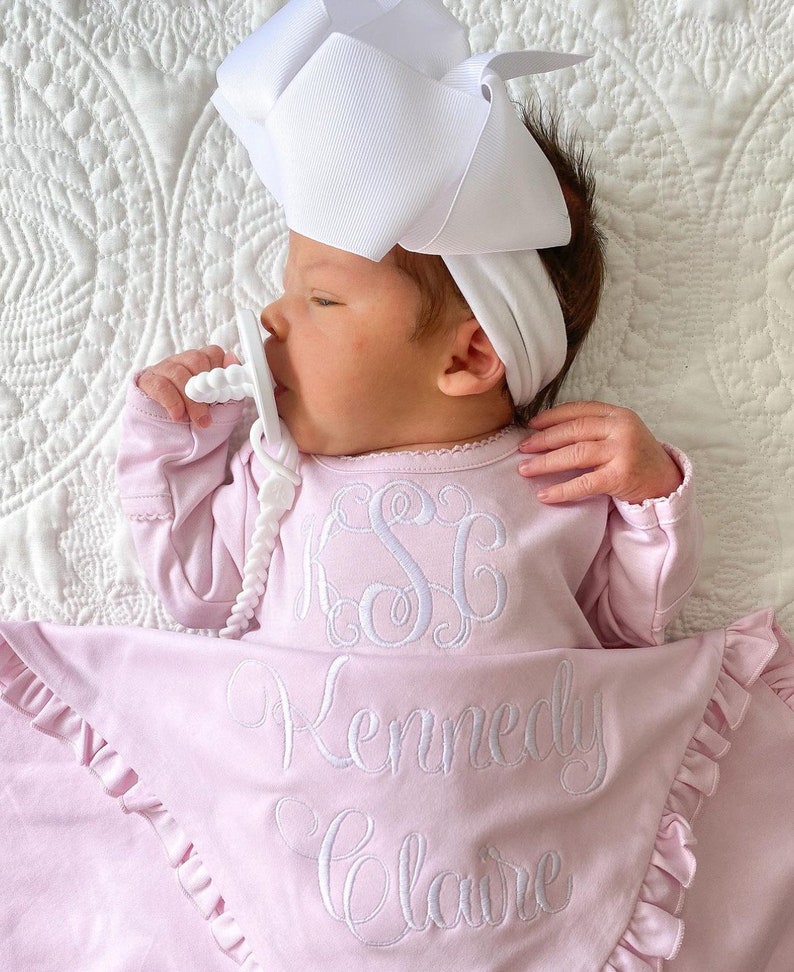 Baby girl coming home outfit, Monogrammed gown, Personalized Baby gift, Monogrammed sleeper, pima cotton, newborn pictures, shower gift image 2