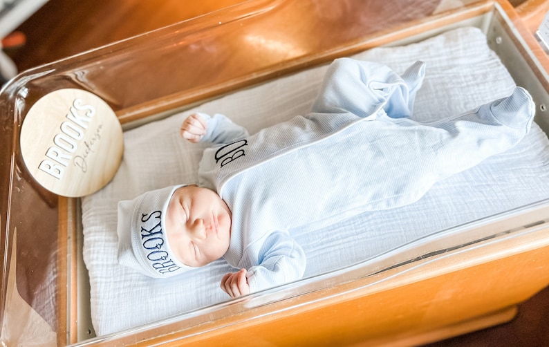 Baby boy coming home outfit, Monogrammed footie, Baby gift, Monogrammed sleeper, blue tiny stripes image 2