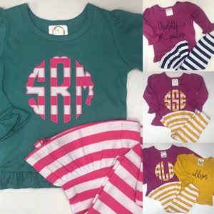 Girls personalized outfit, monogrammed outfit, ruffle shirt, ruffle pants, fall outfit, BB, winter outfit, Christmas set