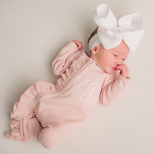 Baby girl coming home outfit, monogrammed footie, ruffle footie, newborn picture outfit, baby girl clothing, baby shower gift, pink waffle,