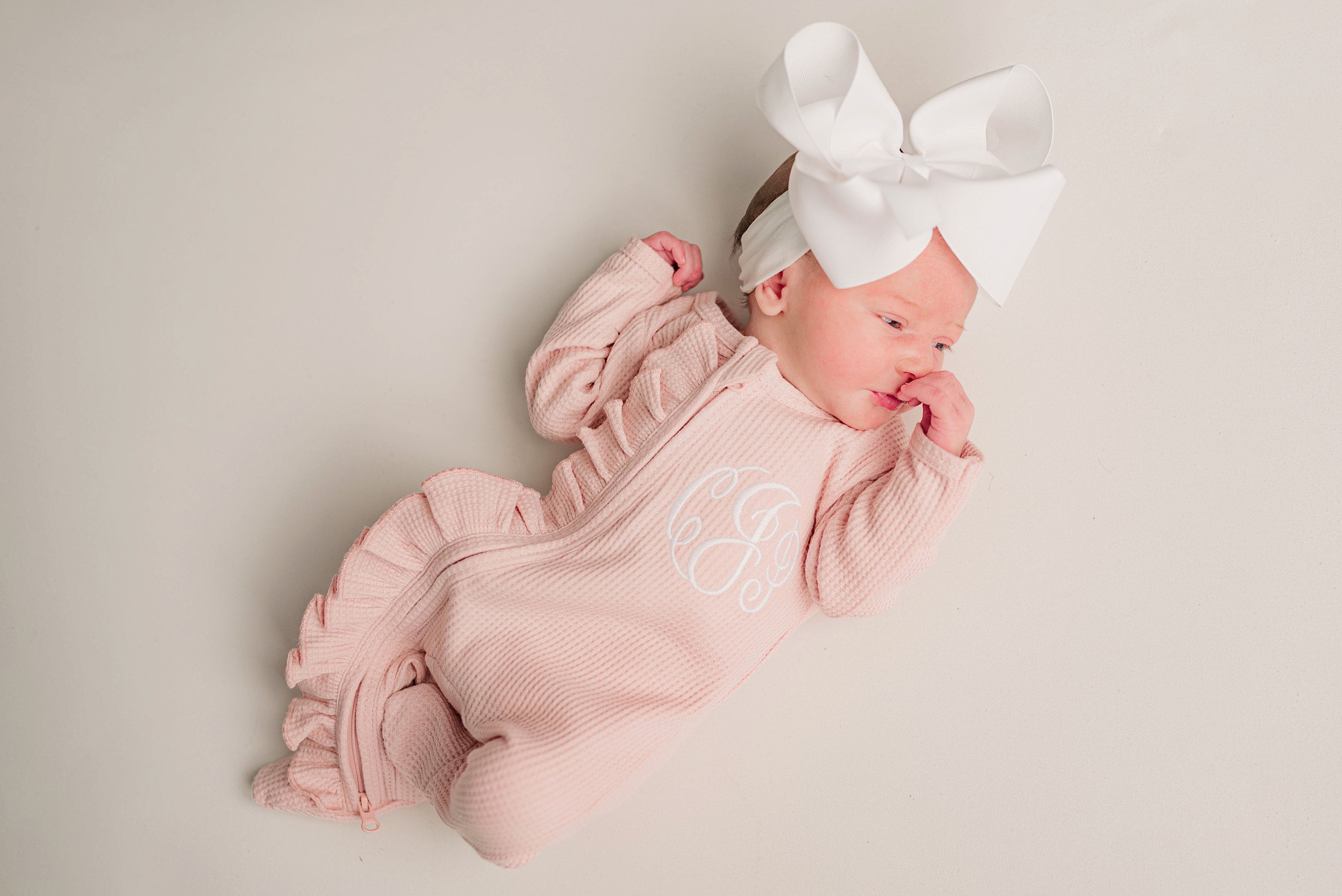Baby girl coming home outfit, monogrammed footie, ruffle footie, newborn picture outfit, baby girl clothing, baby shower gift, pink waffle,