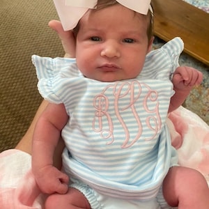 Baby girl outfit, monogrammed bloomer set, personalized baby shower gift, girls summer clothing, birthday gift, pima cotton, blue stripes image 10