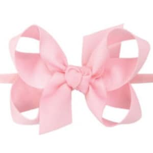 May include: A pink satin bow headband for babies and toddlers. The headband is made with a soft elastic band and a large, double-loop bow.
