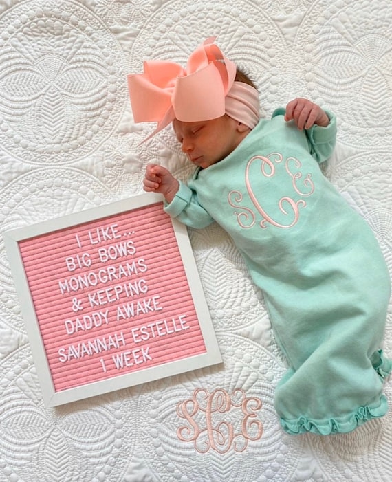 Baby Girl Coming Home Outfit Monogrammed Gown Personalized Baby Gown Coming Home Outfit Monogram Newborn Pictures Baby Shower Gift Etsy