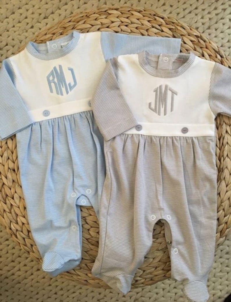 Baby boy coming home outfit, Monogrammed footie romper, Personalized Baby gift, sleeper, newborn pictures, blue tiny stripe bib front footie image 7