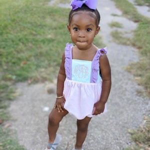 Monogrammed girls bubble, personalized bubble, summer outfit, pima cotton, sk creations, toddler outfit, pink, mint, lavender