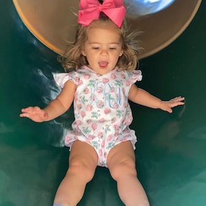 Monogrammed bubble, girls strawberry outfit, girls bubble, summer outfit, pima cotton, monogrammed oufit, sk creations