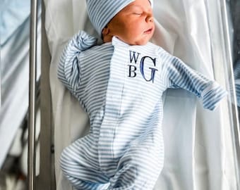 Baby boy coming home outfit, Monogrammed footie, Personalized Baby gift, Monogrammed sleeper, pima cotton, newborn pictures, blue stripes