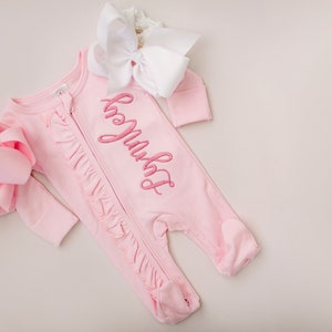 Monogrammed Baby Girl Coming Home Outfit, Ruffle Zip Footie