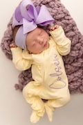 yellow baby girl coming home outfit, monogrammed coming home outfit, sk creations, zip footie, ruffle outfit,