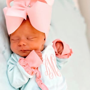 Baby girl coming home outfit, monogrammed footie, newborn clothing, girl clothing, baby shower gift, sleeper, ruffle footie mint