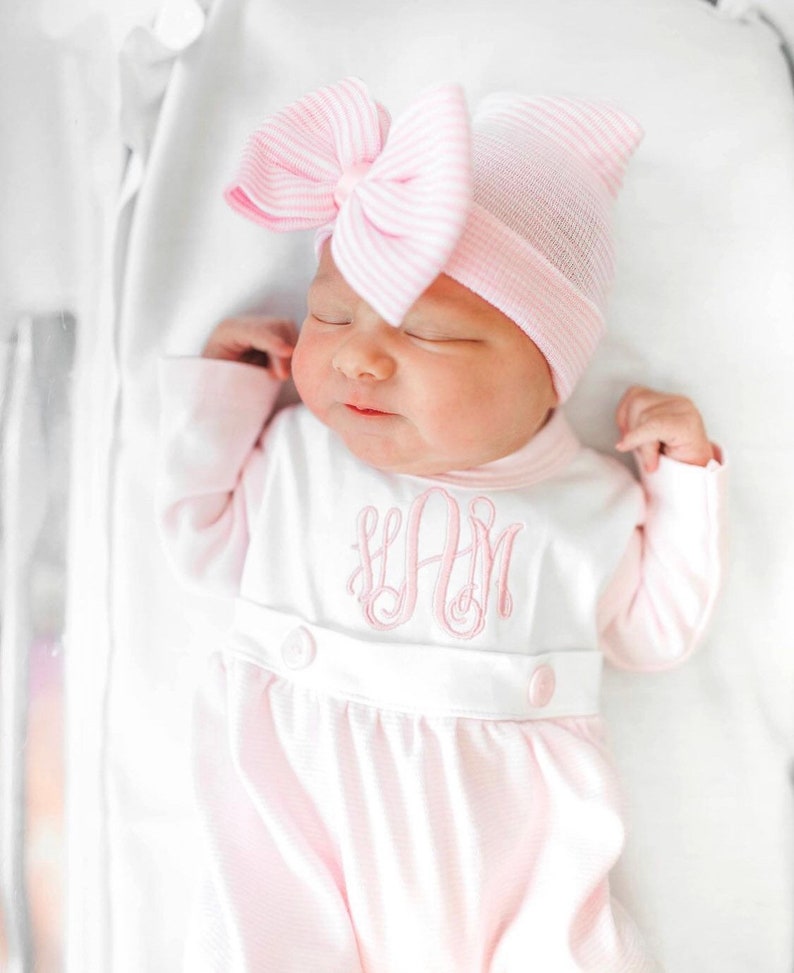 Baby girl coming home outfit, Monogrammed footie romper, Personalized Baby gift, sleeper, newborn picture bib front pink, tiny stripe 