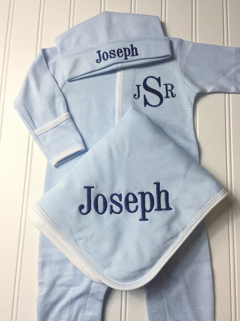 Baby boy coming home outfit, Monogrammed footie, Baby gift, Monogrammed sleeper, blue tiny stripes image 4