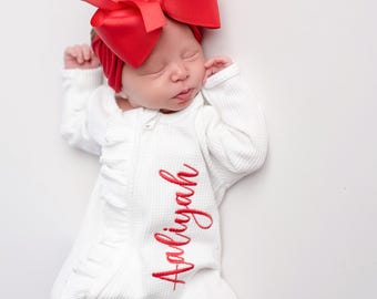 Baby girl Valentines outfit, baby girl coming home outfit, baby girl clothing, girl firefighter outfit, ruffle footie, White waffle
