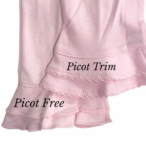 May include: Two pink fabric swatches with a ruffled edge. The top swatch has a picot trim along the edge. The bottom swatch has a plain edge. The text "Picot Trim" is written above the top swatch and the text "Picot Free" is written below the bottom swatch.