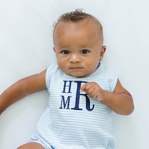 Monogrammed bubble, boys bubble, girls bubble, unisex bubble, personalized sunsuit, summer outfit, pima cotton, sk creations, blue stripes