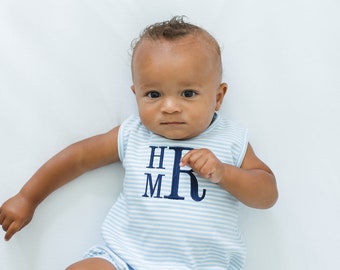 Monogrammed bubble, boys bubble, girls bubble, unisex bubble, personalized sunsuit, summer outfit, pima cotton, sk creations, blue stripes