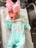 Baby girl coming home outfit, monogrammed ruffle romper, personalized baby shower gift, pima cotton, monogrammed, sk creations, mint ruffle