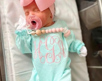 Baby girl coming home outfit, monogrammed ruffle romper, personalized baby shower gift, pima cotton, monogrammed, sk creations, mint ruffle