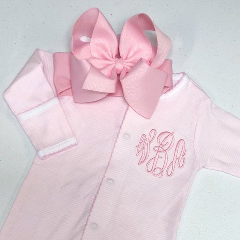 Baby girl coming home outfit, monogrammed footie, blanket, personalized outfit, pima cotton, baby shower gift, pink tiny stripes image 5