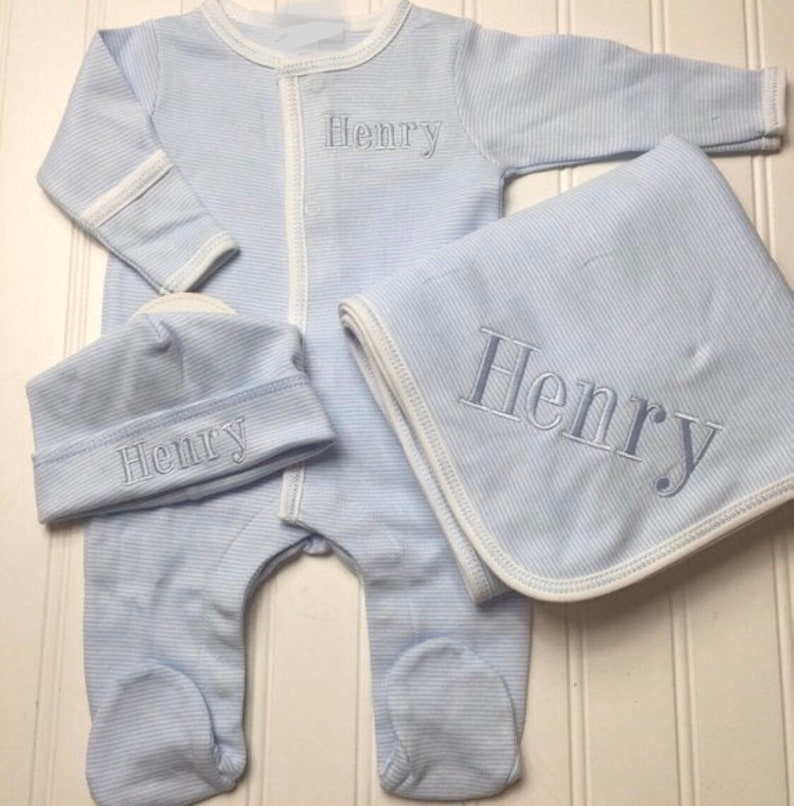 Baby boy coming home outfit, Monogrammed footie, Baby gift, Monogrammed sleeper, blue tiny stripes image 5