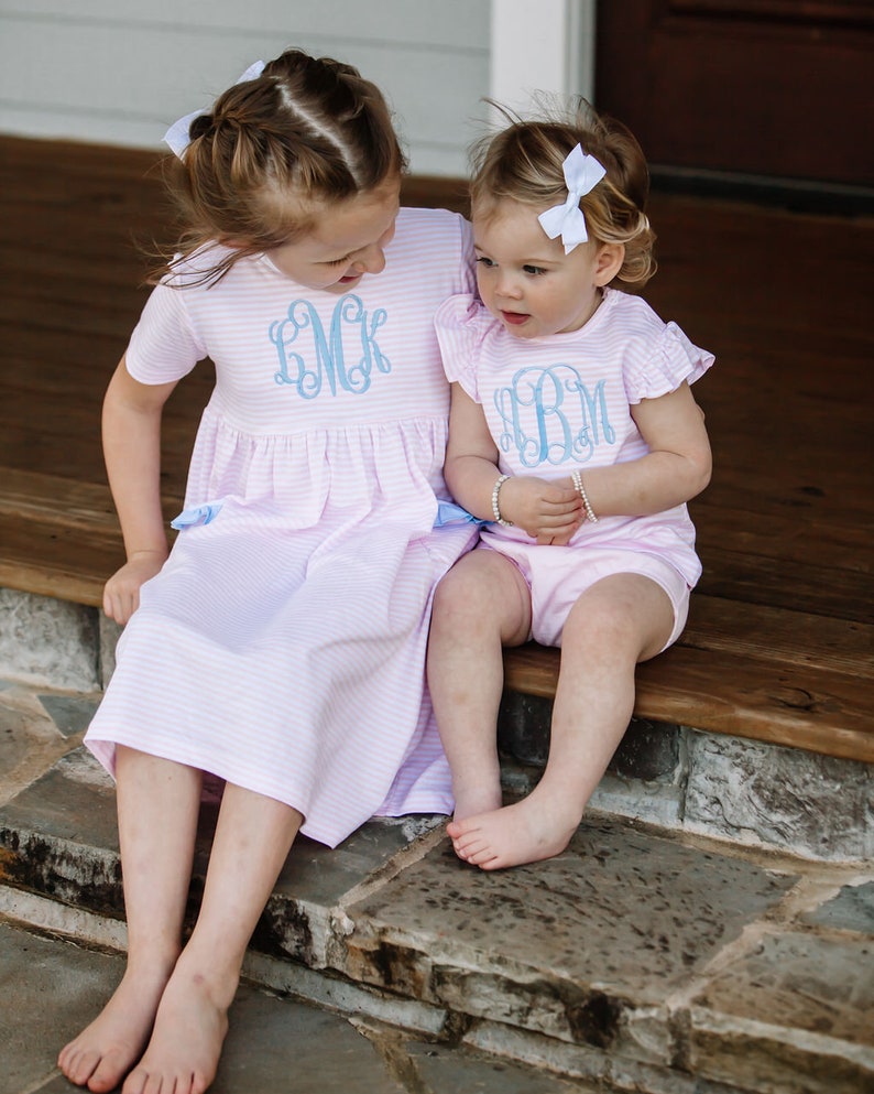 Baby girl outfit, monogrammed bloomer set, personalized baby shower gift, girls summer clothing, birthday gift, pima cotton, blue stripes image 6