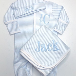 Baby boy coming home outfit, baby gift, Monogrammed footie, Monogrammed sleeper, blue mini stripes image 3