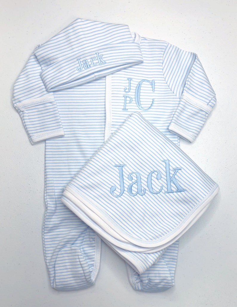 Baby boy coming home outfit, baby gift, Monogrammed footie, Monogrammed sleeper, blue mini stripes image 3