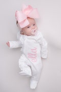 baby girl coming home outfit, monogrammed coming home outfit, sk creations, zip footie, ruffle outfit,
