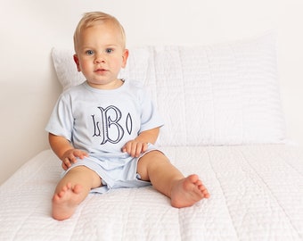 Boys monogrammed romper, newborn coming home outfit, personalized summer outfit, sk creations, pima cotton, boys photo, monogram romper,