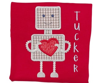 Jungen Valentinstag Shirt, personalisierte Valentinstag Shirt, Monogramm Roboter Herz Shirt, Valentinstag Outfit, gesticktes Urlaubshemd, BB