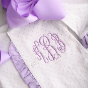 Baby girl coming home outfit, monogrammed footie, newborn clothing, girl clothing, baby shower gift, sleeper, ruffle footie lavender dot