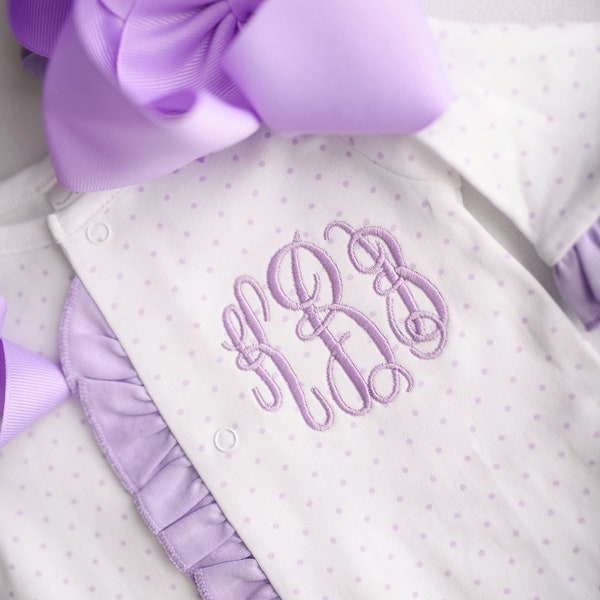 Baby girl coming home outfit, monogrammed footie, newborn clothing, girl clothing, baby shower gift, sleeper, ruffle footie lavender dot