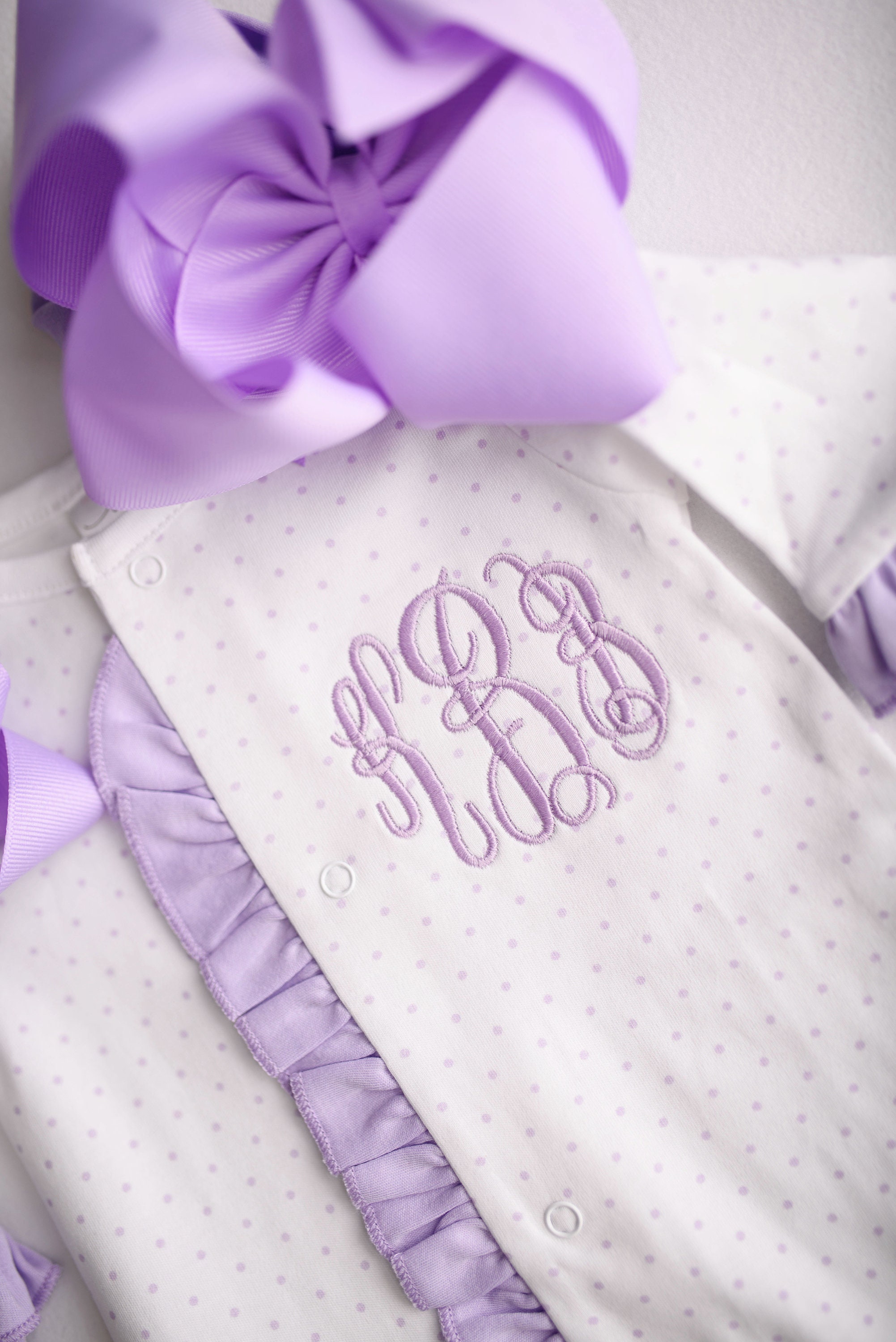 Baby girl coming home outfit, monogrammed footie, newborn clothing, girl clothing, baby shower gift, sleeper, ruffle footie lavender dot