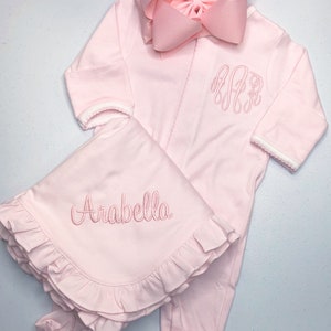 Baby girl coming home outfit, monogrammed footie, blanket, personalized outfit, pima cotton, baby shower gift, pink tiny stripes image 7