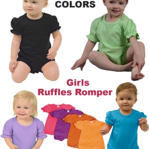 May include: Girls' ruffle romper in various colors, including black, green, purple, orange, and blue. 15+ colors available.