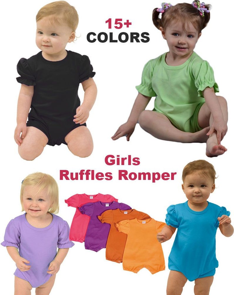 May include: Girls' ruffle romper in various colors, including black, green, purple, orange, and blue. 15+ colors available.