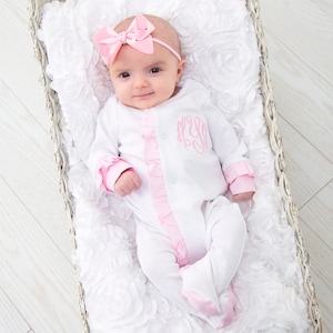 Baby girl coming home outfit, monogrammed footie, ruffle footie white, newborn picture outfit, baby girl clothing, baby shower gift, pima image 4