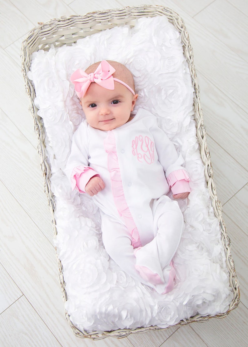 Baby girl coming home outfit, monogrammed footie, ruffle footie white, newborn picture outfit, baby girl clothing, baby shower gift, pima image 4